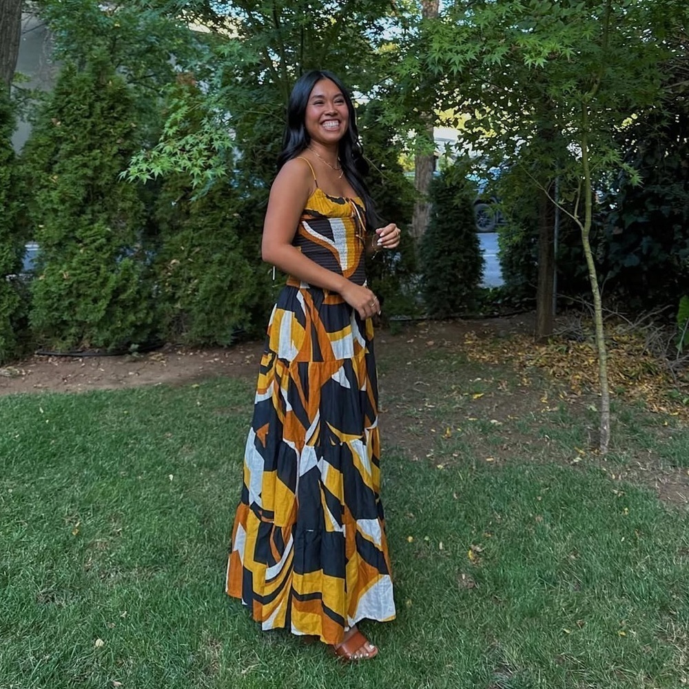 NWT Anthropologie Josephine Smocked Drop Waist Black Orange Maxi Dress Medium - Picture 6 of 10